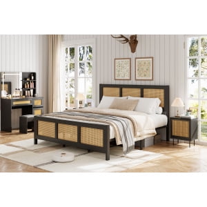 Queen Size Bed Frame with Headboard - Boho Rattan Platform Bed Frame with Reinforced Metal Slats | No Box Spring Required | Sturdy Noise-Free Design for Quiet Sleep | Easy Assembly Modern Bedroom Furn