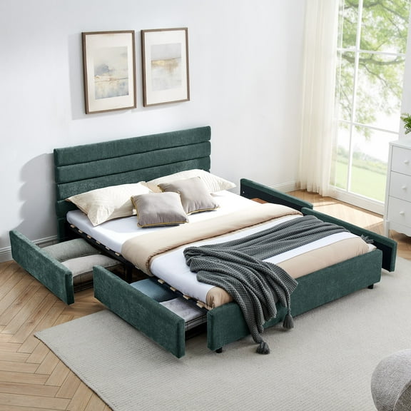 Queen Size Bed Frame with Headboard,Comfortable Cushioned Bed Frame with 4 Drawers,Queen Size Bed for Bedroom, Living Room Blue Green(85 "x 66" x 36 ")