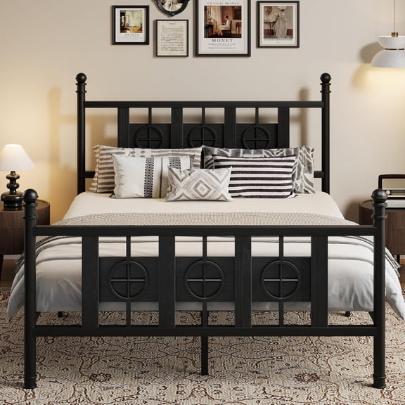 Queen Size Bed Frame with Headboard and Footboard, Metal Queen Bed Frame w/Vintage Circular Design & Storage Space Under Bed, No Box Spring Required, Easy Assembly, Noise-Free (Black, Queen)