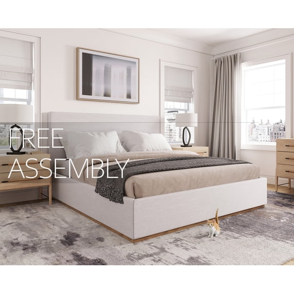 Queen Size Bed Frame with Headboard - Free Assembly, Upholstered - Monaco Bed - Sturdy Wood Bedframe, Heavy Duty Platform in Soft Fabric - Contemporary Style, Boho - Non-Slip