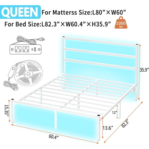 Queen Size Bed Frame with Headboard, Heavy Duty Steel Slats Support-LED Bed Frame with USB Charging Station, Mattress Foundation-Under Bed Storage, No Box Spring Needed, Noise Free, White