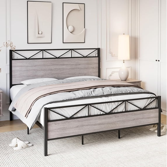 Queen Size Bed Frame with Headboard, Industrial Platform Full Bed Frame with 14 Strong Metal Slats Support, 11'' Under-Bed Storage, No Noise, Easy Assembly, Oak Grey