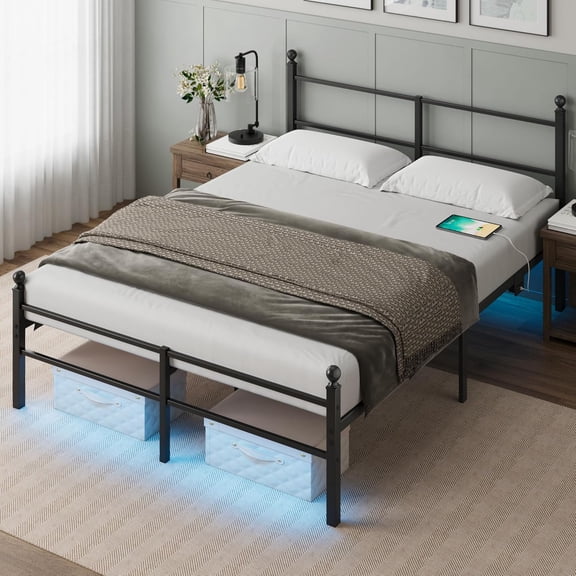 Queen Size Bed Frame with Headboard - Metal Platform Bed with LED Lights, Charging Station, Under Bed Storage and Heavy Duty Steel Slats Support - No Box Spring Needed, Easy Assembly, Black