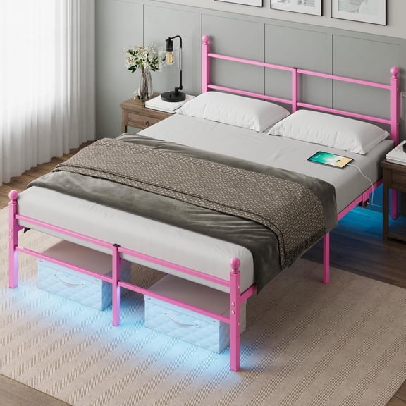 Queen Size Bed Frame with Headboard - Metal Platform Bed with LED Lights, Charging Station, Under Bed Storage and Heavy Duty Steel Slats Support - No Box Spring Needed, Easy Assembly, Pink