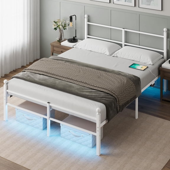 Queen Size Bed Frame with Headboard - Metal Platform Bed with LED Lights, Charging Station, Under Bed Storage and Heavy Duty Steel Slats Support - No Box Spring Needed, Easy Assembly, White