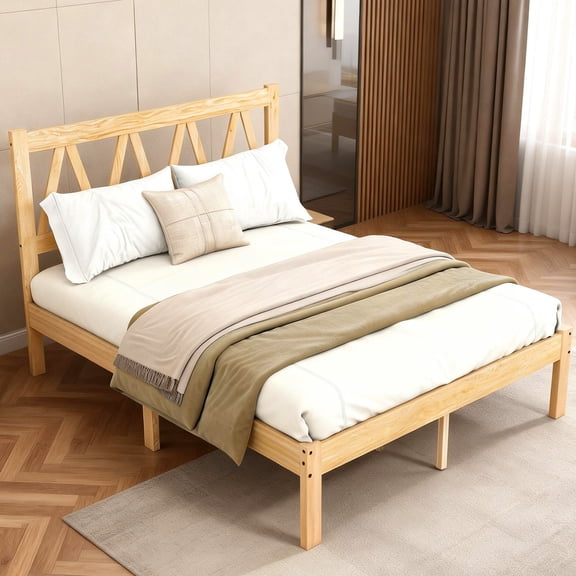 Queen Size Bed Frame with Headboard, Solid Rubber Wood Platform Bed Heavy Duty Steel Frame 800LBS, with Under Bed Storage Space, for Latex Memory Foam Spring Mattresses