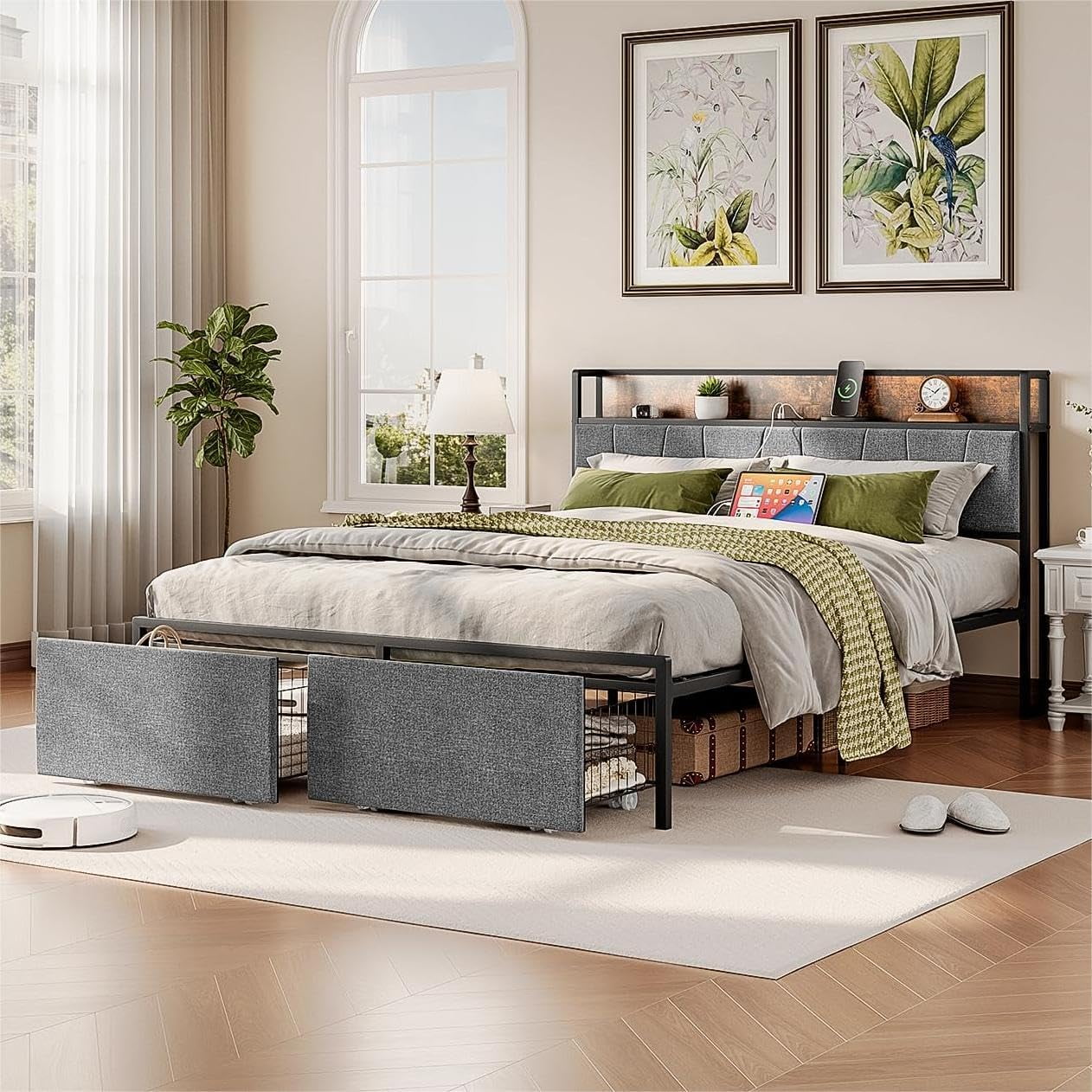 Queen Size Bed Frame with Headboard and Storage Drawers, Charging