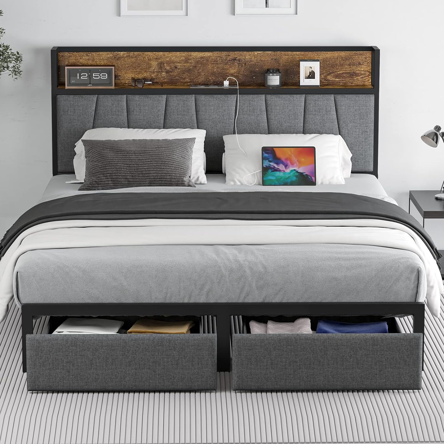 Queen Size Bed Frame with Headboard and Storage, Drawers Platform Bed