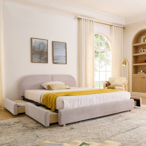 Queen Size Bed Frame with Headboard and Storage, Modern Minimalist Upholstered Platform Bed, Tall Curved Fabric Headboard with 4 Wheeled Drawers for Bedroom, Pink