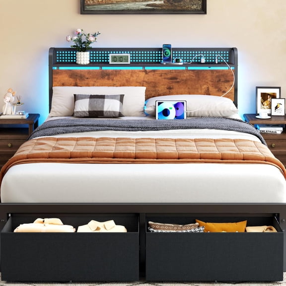 Queen Size Bed Frame with Headboard Storage, Platform Bed Frame Queen Size with 2 Drawers, Charging Station and LED Lights, No Box Spring Needed, Noise Free, Easy Assembly (1200 lbs Capacity)