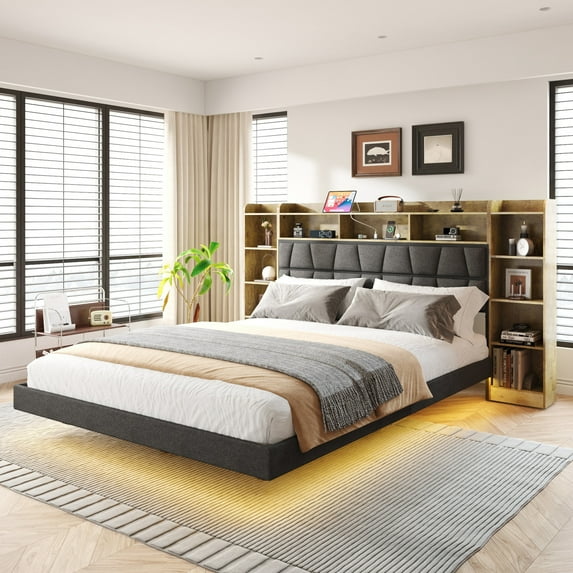 Queen Size Bed Frame With Headboard,Upholstered Platform Bed With Charging Station And Led Light And Boookcase Storage.O Box Spring Needed,Easy Assembly
