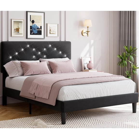 Memoryfield Queen Size Bed Frame with Headboard, Upholstered Platform Bed Frames with Crystal Diamond Tufted, Easy Assembly, Wooden Slats Support, No Box Spring Needed, Black