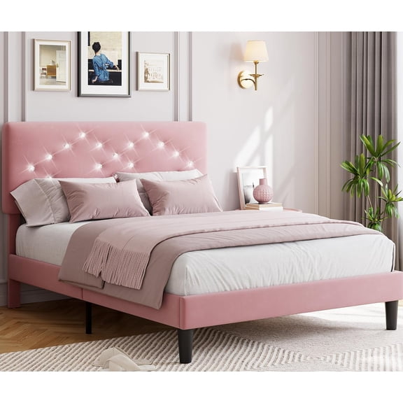 Memoryfield Queen Size Bed Frame with Headboard, Upholstered Platform Bed Frames with Crystal Diamond Tufted, Easy Assembly, Wooden Slats Support, No Box Spring Needed, Pink