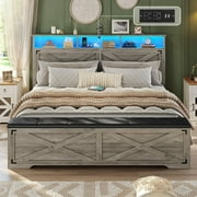 Queen Size Bed Frame with High Headboard, Farmhouse Platform Bed with LED Lights and Charging Station, Queen Bed Frame w