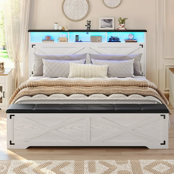 Queen Size Bed Frame with High Headboard, Farmhouse Platform Bed with LED Lights and Charging Station, Queen Bed Frame with Storage Ottoman, No Box Spring Needed, White