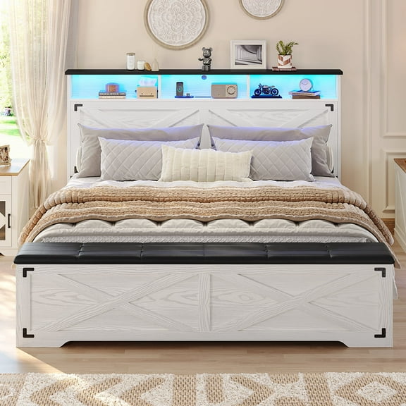Queen Size Bed Frame with High Headboard, Farmhouse Platform Bed with LED Lights and Charging Station, Queen Bed Frame with Storage Ottoman, No Box Spring Needed, White