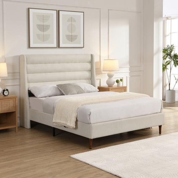 Queen Size Bed Frame High Headboard Upholstered Platform Bed with Wave - Shaped Headboard, Premium Chenille Fabric, Modern Minimalist Platform Bed No Box Spring Needed, Easy Assembly, Ivory No.3995
