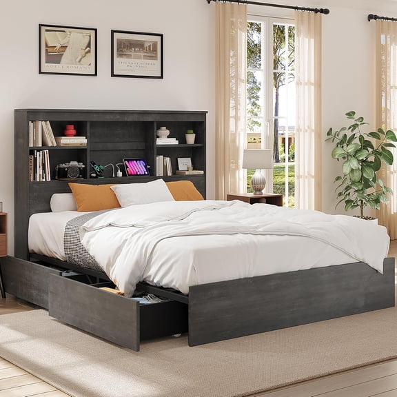 Queen Size Bed Frame with High Storage Bookcase Headboard, Wood Bed Frame with 4 Storage Drawers, Built in Charging Station, No Box Spring Needed, Metal Frame, Noise-Free, Ink