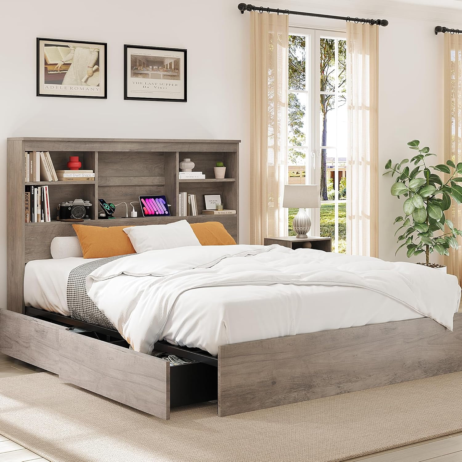 Queen Size Bed Frame with High Storage Bookcase Headboard, Wood Bed Frame with 4 Storage Drawers, Built in Charging Station, No Box Spring Needed, Metal Frame, Noise-Free, Grey