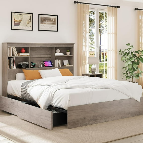 Queen Size Bed Frame with High Storage Bookcase Headboard, Wood Bed Frame with 4 Storage Drawers, Built in Charging Station, No Box Spring Needed, Metal Frame, Noise-Free, Grey