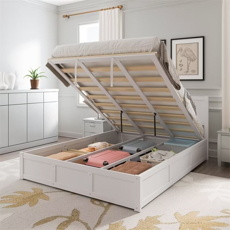 Queen Size Bed Frame with Hydraulic Storage System and 2 Drawers, Wood
