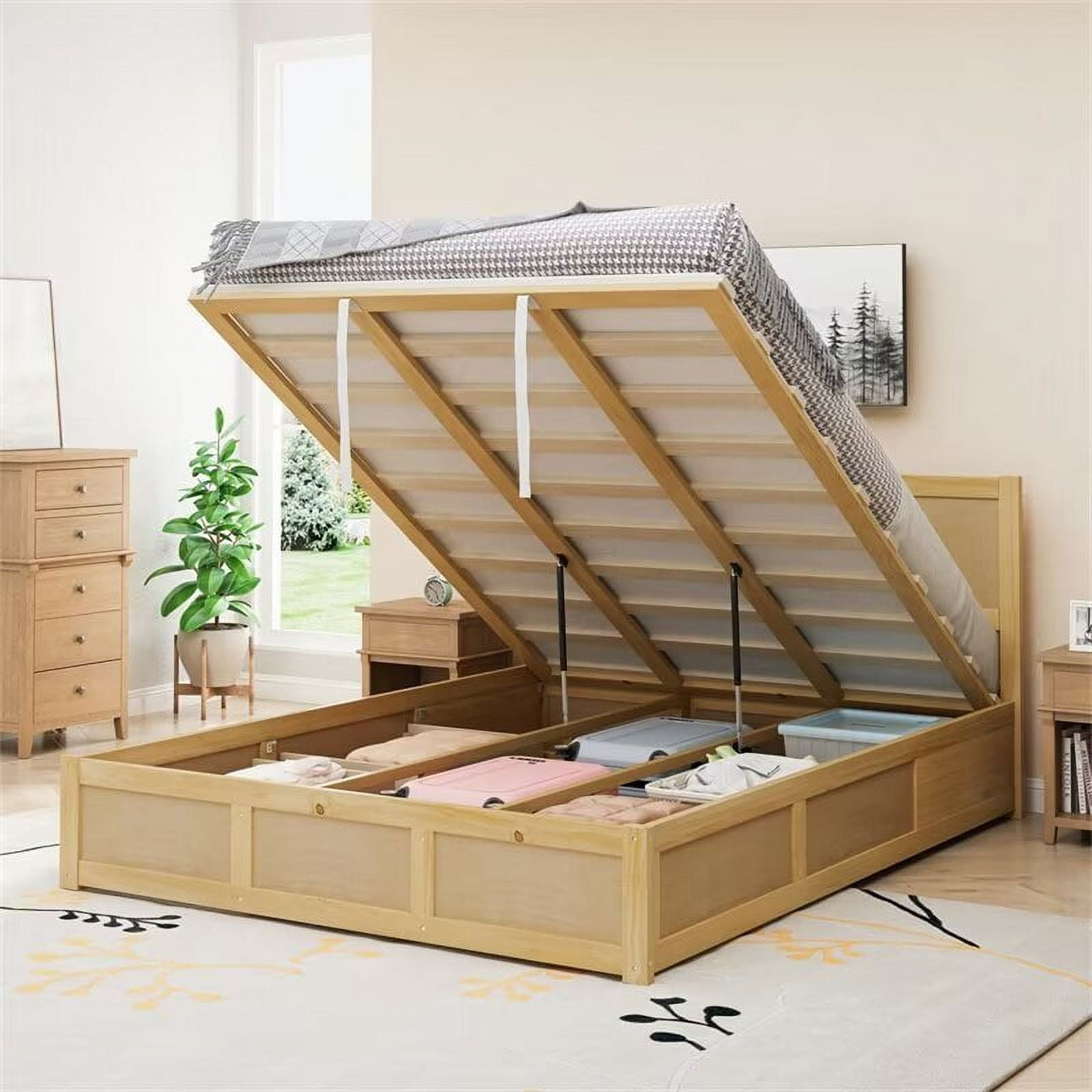 Queen Size Bed Frame with Hydraulic Storage System and 2 Drawers, Wood