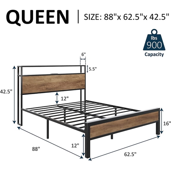 Queen Size Bed Frame Industrial Platform Bed with Charging Station, 2-Tier Storage Headboard/No Box Spring Needed/Noise-Free/Rustic Brown