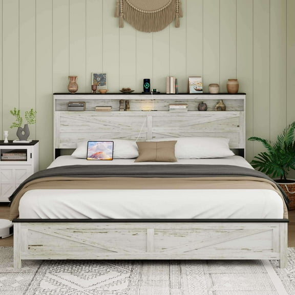 King Bed Frame, King Size Bed Frame,King size bed with wooden headboard and hidden storage space, no need for box springs, white
