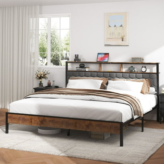 Queen Size Bed Frame King size bed, wooden platform bed frame, bedside with soft packaging and 2 USBs, no noise, no need for spring mattresses and simple assembly tools, large storage space under the