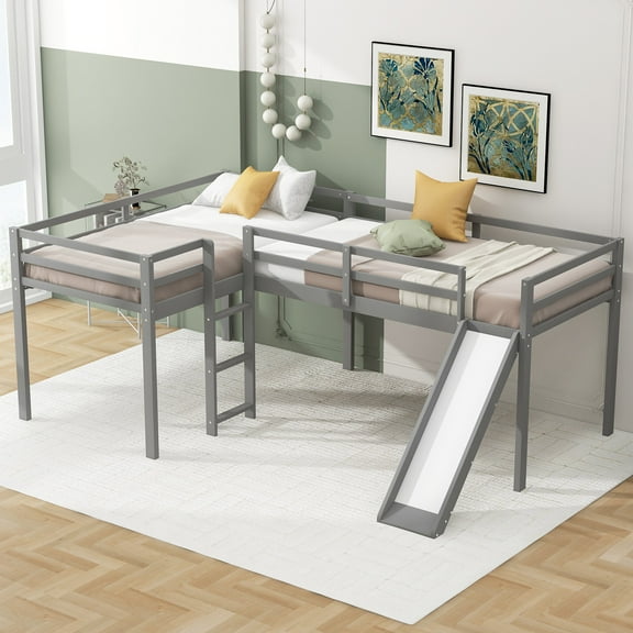 Twin Bed Frame, Twin Size Bed Frame,L-Shaped Twin Size Loft Bed with Ladder and Slide, Gray