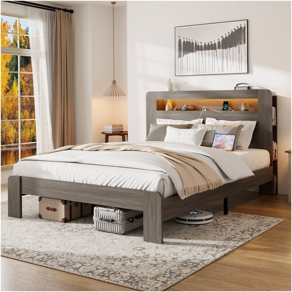 Queen Size Bed Frame with LED Headboard and USB Charging, 2-in-1 Storage Platform Bed, Noise Free, Tool-Free Assembly, No Box Spring Needed, Modern Bedroom Furniture, Dawn Grey