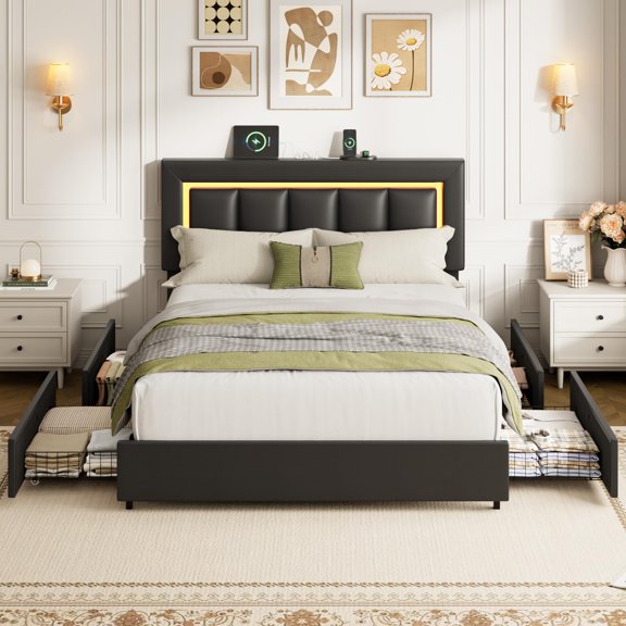 Queen Size Bed Frame with LED Headboard&USB Charging Ports,PU Leather Upholstered Platform Bed with 4 Drawers,Noise-Free, No Box Spring Needed, Easy Assembly