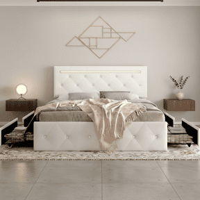 Queen Size Bed Frame with LED Light and 4 Storage Drawers,PU Upholstered Queen Bed Frame with Adjustable Headboard,Diamond Crystal Button,Charging Station,Metal Frame,No Box Spring Needed,White