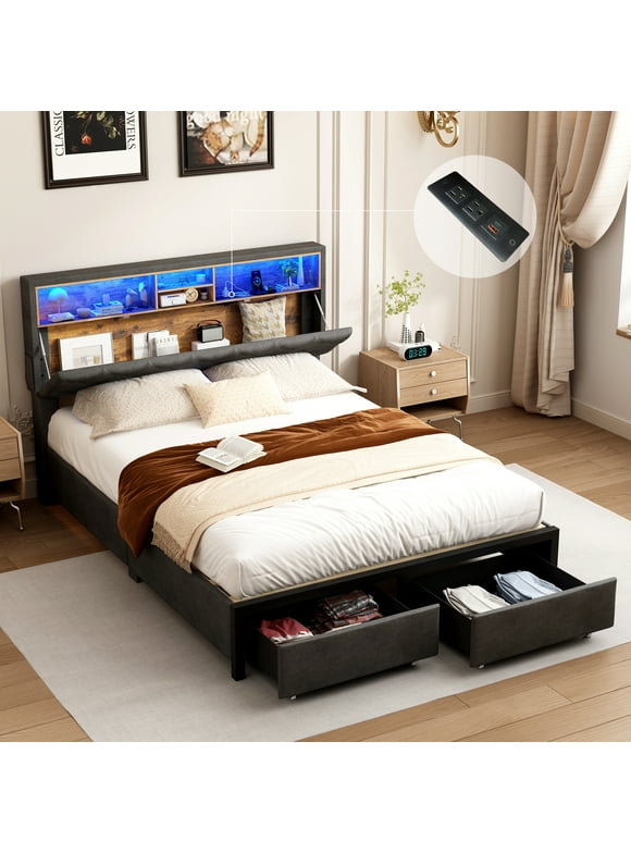 Queen Size Bed Frame with LED Light & Charging Station & Sliding Drawers, Upholstered Platform Bed with Storage Headboard & Sliding Drawers, Linen Storage Bed