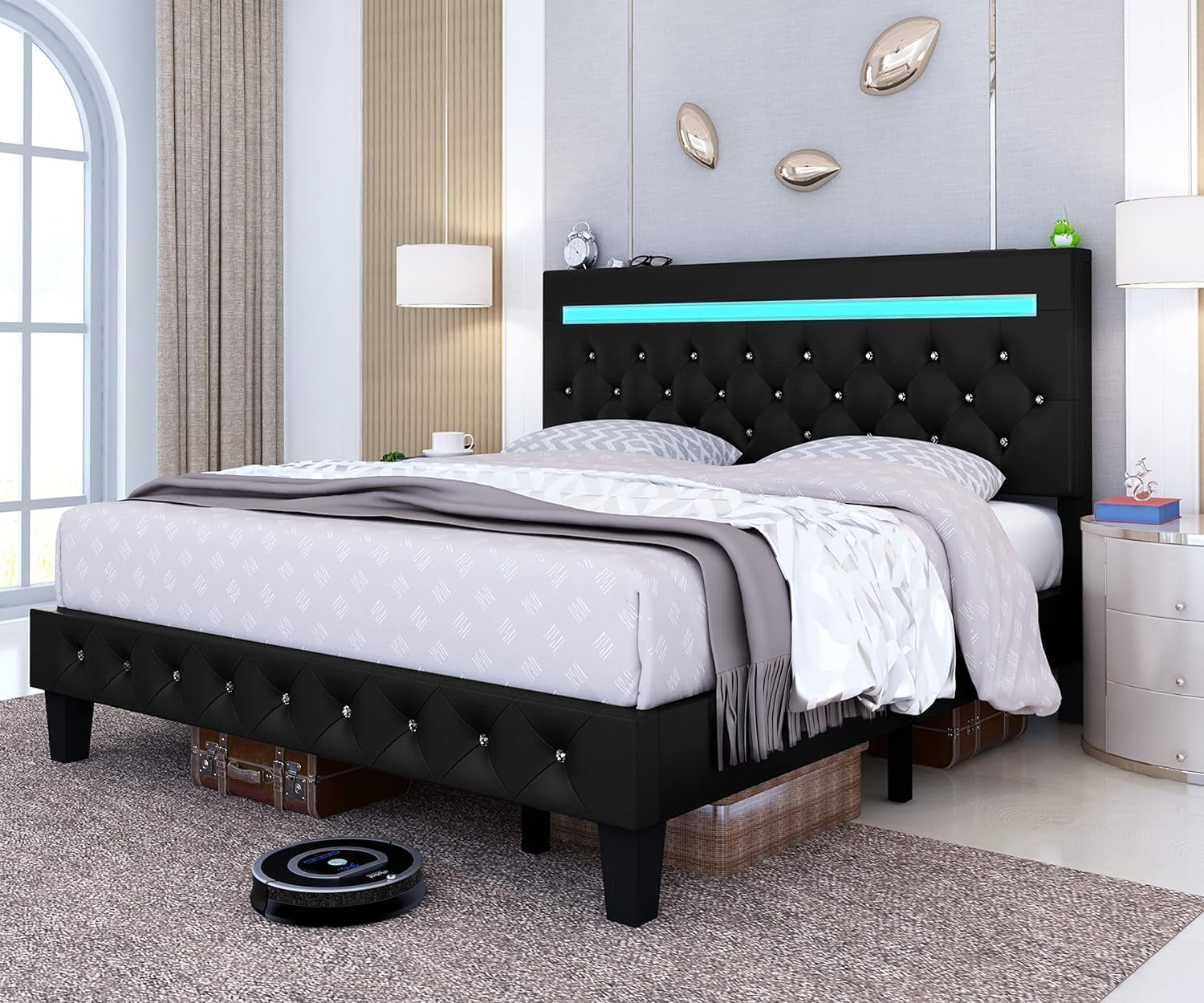 Queen Size Bed Frame with LED Light Leather Platform Bed Frame with