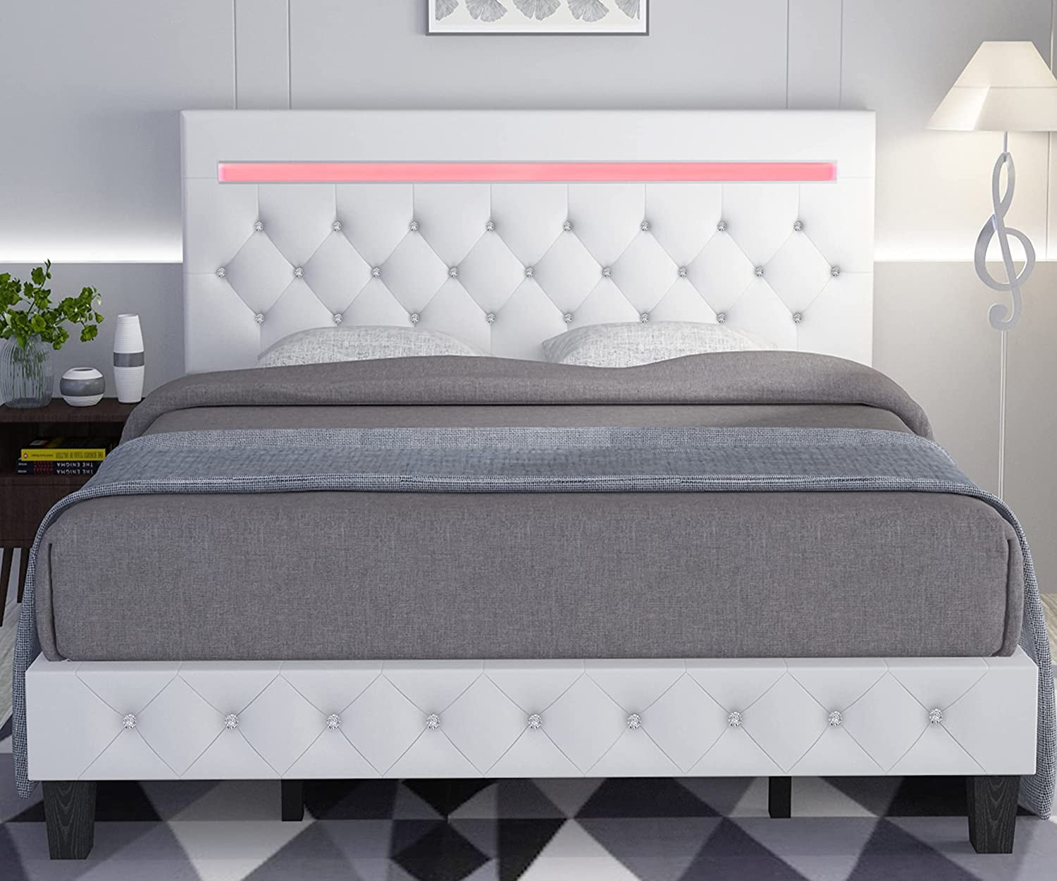 Queen Size Bed Frame with LED Light Leather Platform Bed Frame with Adjustable Upholstered