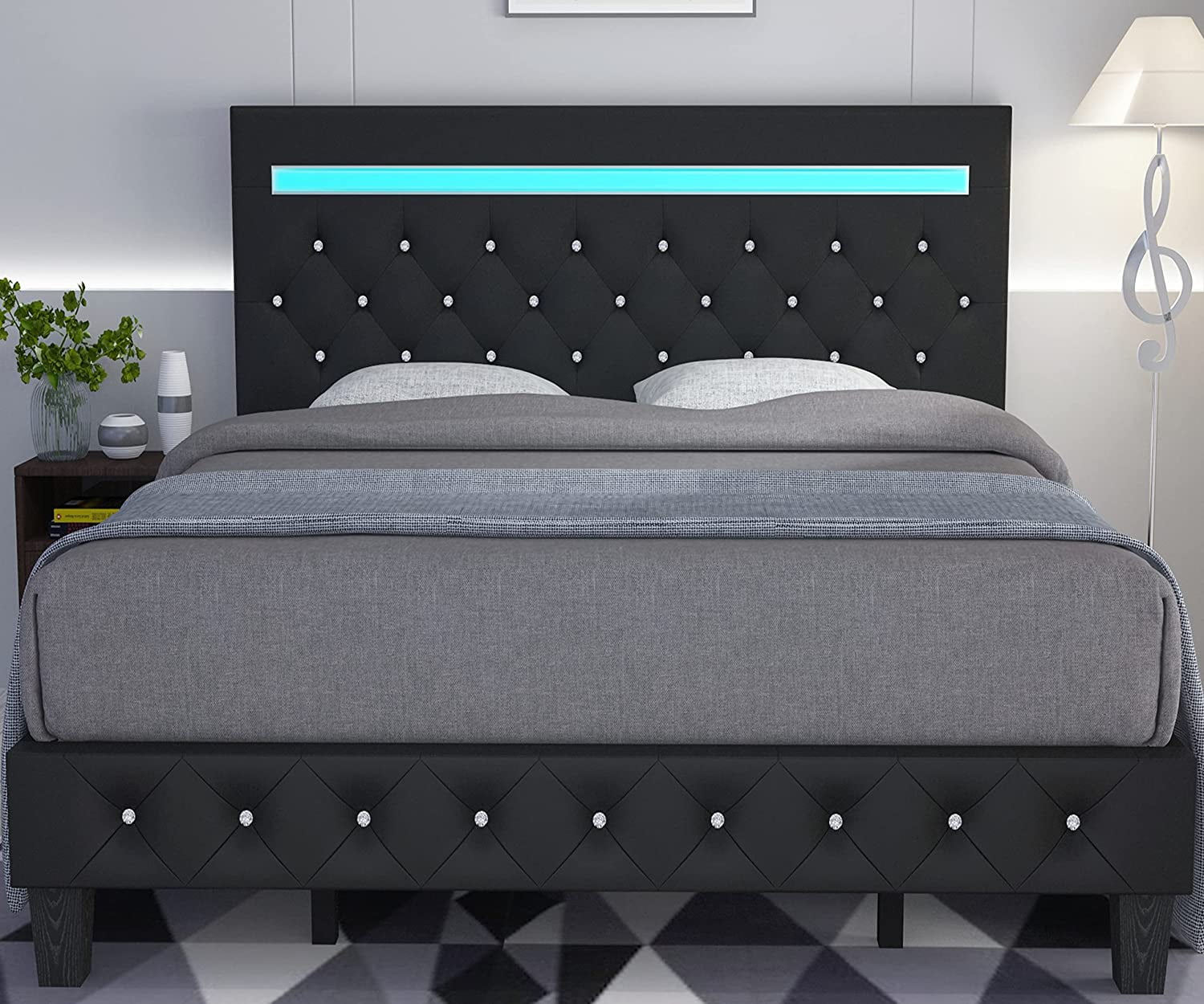 Queen Size Bed Frame with LED Light Leather Platform Bed Frame with Adjustable Upholstered