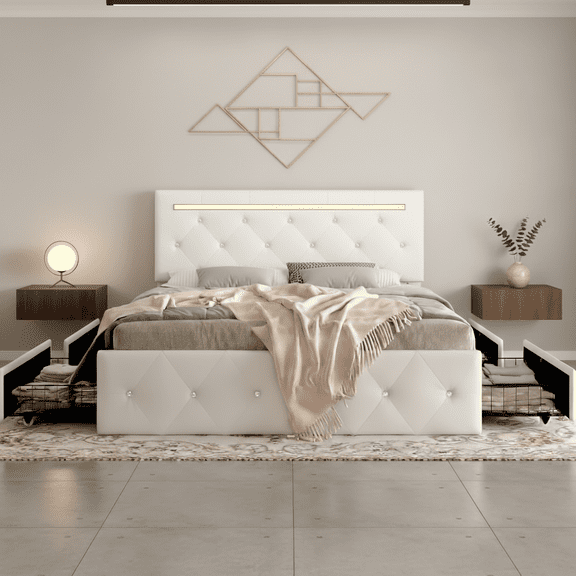 Queen Size Bed Frame with LED Light and Storage Drawers, PU Upholstered Bed Frame with Adjustable Headboard, Diamond Crystal Button, Charging Station, Metal Frame, No Box Spring Needed, White