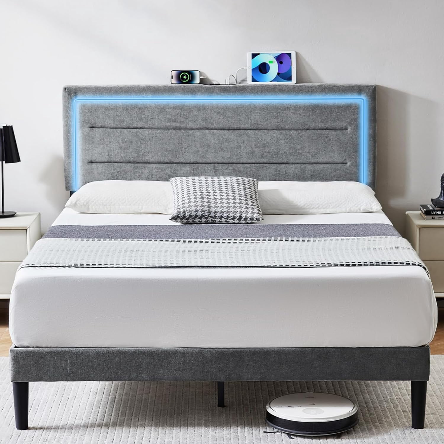 HOMCOM Queen Bed Frame With Headboard - Walnut, LED Lights, Charging Station, Steel Frame, 730lb Capacity