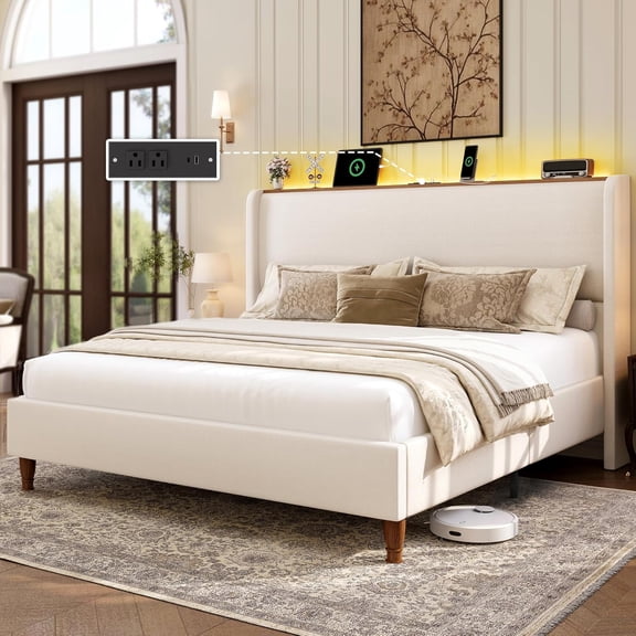 Queen Size Bed Frame with LED Lights and Charging Station Linen Upholstered Platform Bed Frame with 51.2" Tall Headboard Wingback and Storage Shelf, No Box Spring Needed, Noise Free, Beige
