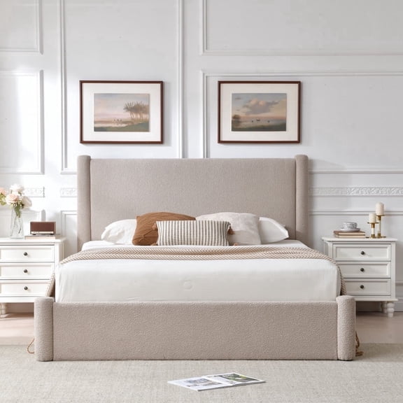 VELOCAVA Queen Size Bed Frame with Lift Up Storage, Boucle Textured Upholstered Platform Bed with Rounded Corner Design, Hydraulic Storage, Wood Slat Support, No Box Spring Needed, Beige