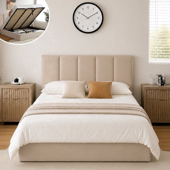 VELOCAVA Queen Size Bed Frame with Lift up Storage, Upholstered Platform Bed with Vertical Channel Headboard, Hydraulic Storage, Beige Linen
