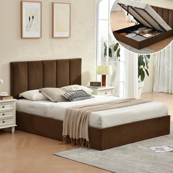 VELOCAVA Queen Size Bed Frame with Lift Up Storage, Upholstered Platform Bed with Vertical Channel Headboard, Hydraulic Storage, Brown Velvet