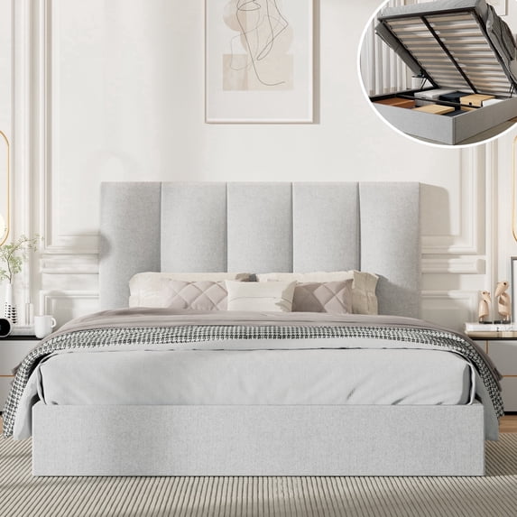 Queen Size Bed Frame with Lift Up Storage, Upholstered Platform Bed with Vertical Channel Headboard, No Box Spring Needed, Hydraulic Storage, Light Grey Linen