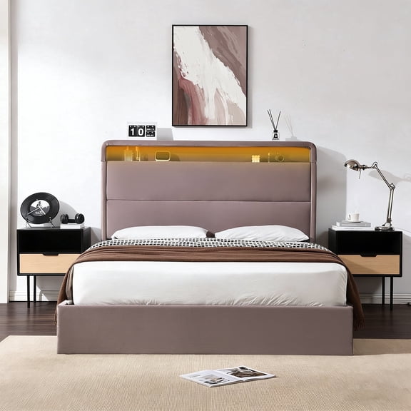 Queen Size Bed Frame with Lift Up Storage, Velvet-Like Upholstered Platform Bed with Storage Headboard, LED Light and Charging Station, No Box Spring Needed, Hydraulic Storage, Dusty Rose