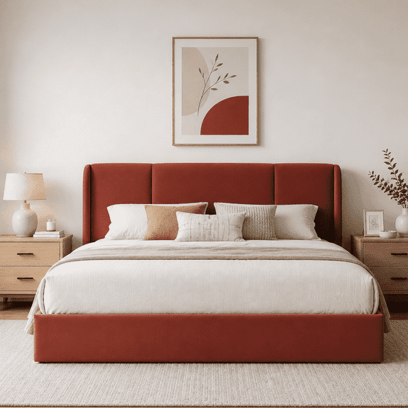 Queen Size Bed Frame with Lift Up Storage, Velvet-Look Upholstered Wingback Platform Bed with Vertical Channel Headboard, No Box Spring Needed, Hydraulic Storage, Terracotta Red