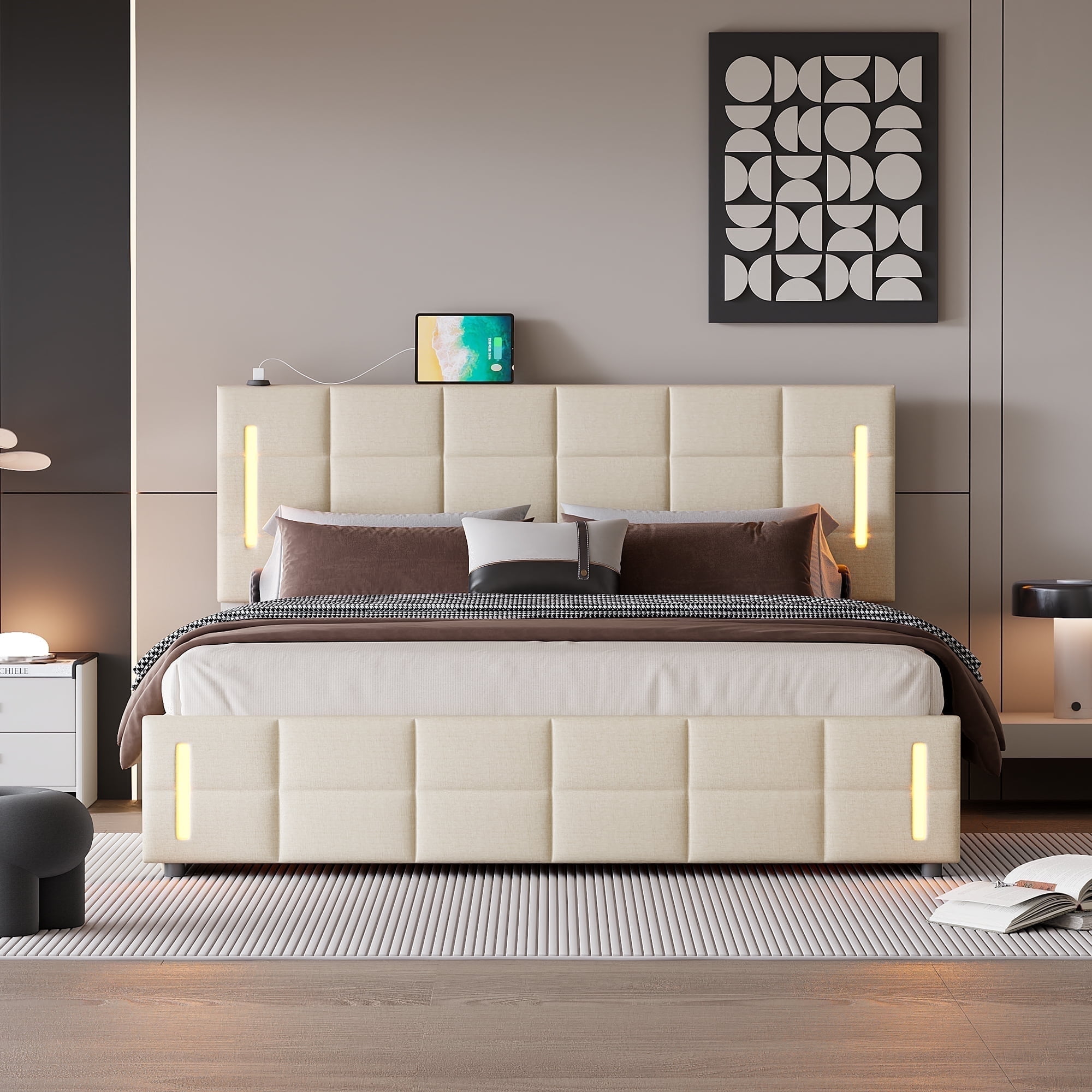 Queen Size Bed Frame Lift Up Storage,with Charging Station & LED Lights ...