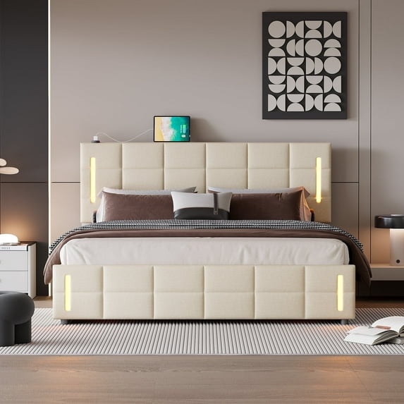 Queen Size Bed Frame Lift Up Storage,with Charging Station & LED Lights,USB Type C Port,Hydraulic Storage System,No Box Spring Needed,Easy Assembly, Beige