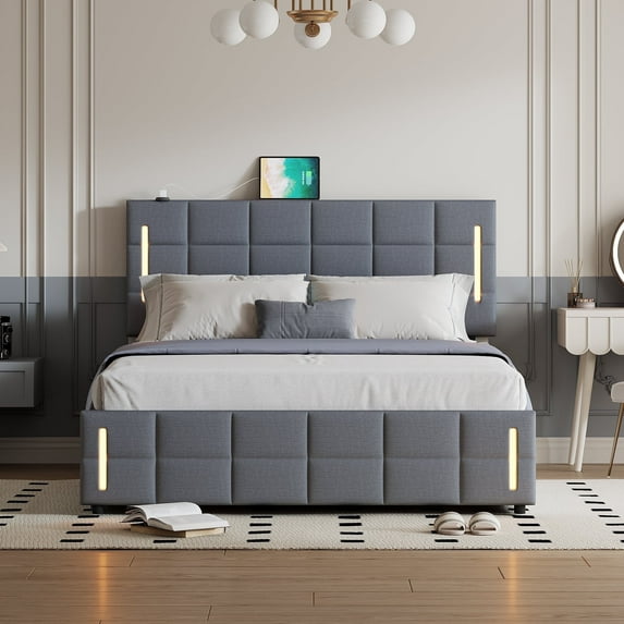 Queen Size Bed Frame Lift Up Storage,with Charging Station & LED Lights,USB Type C Port,Hydraulic Storage System,No Box Spring Needed, Easy Assembly,Gray