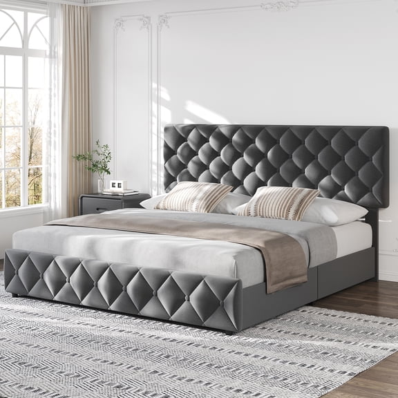 GOGRANT Line Upholstered and 4 Storage Drawers Bed Frame, Queen